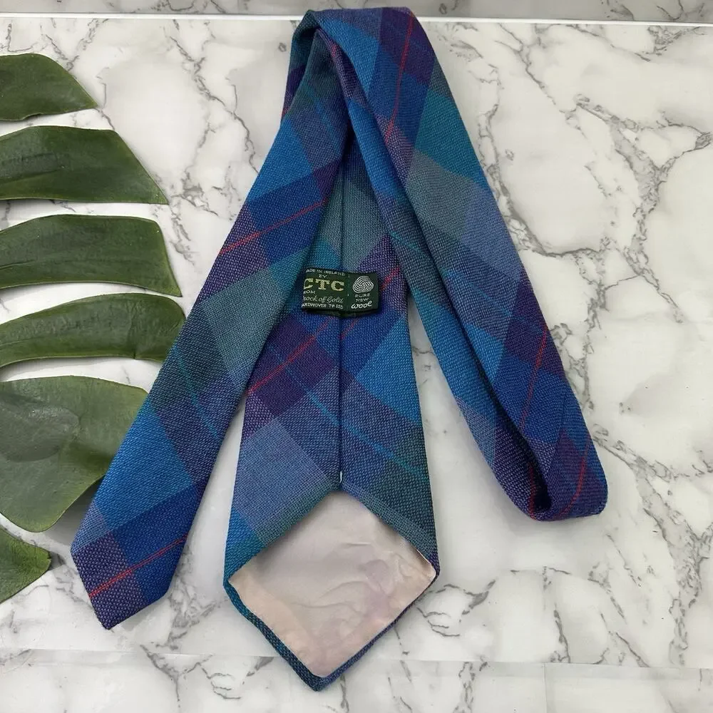 CTC Mens Vintage 80s Wool Neck Tie Made in Ireland Blue Purple Plaid Tweed